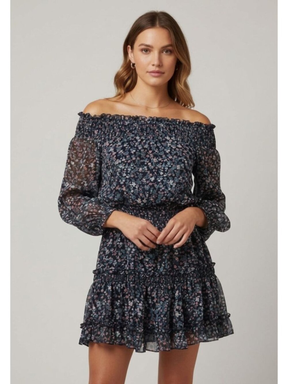 MUCHE MUCHETTE Off Shoulder Floral Tiered Mini Dress Navy Pink Women OS